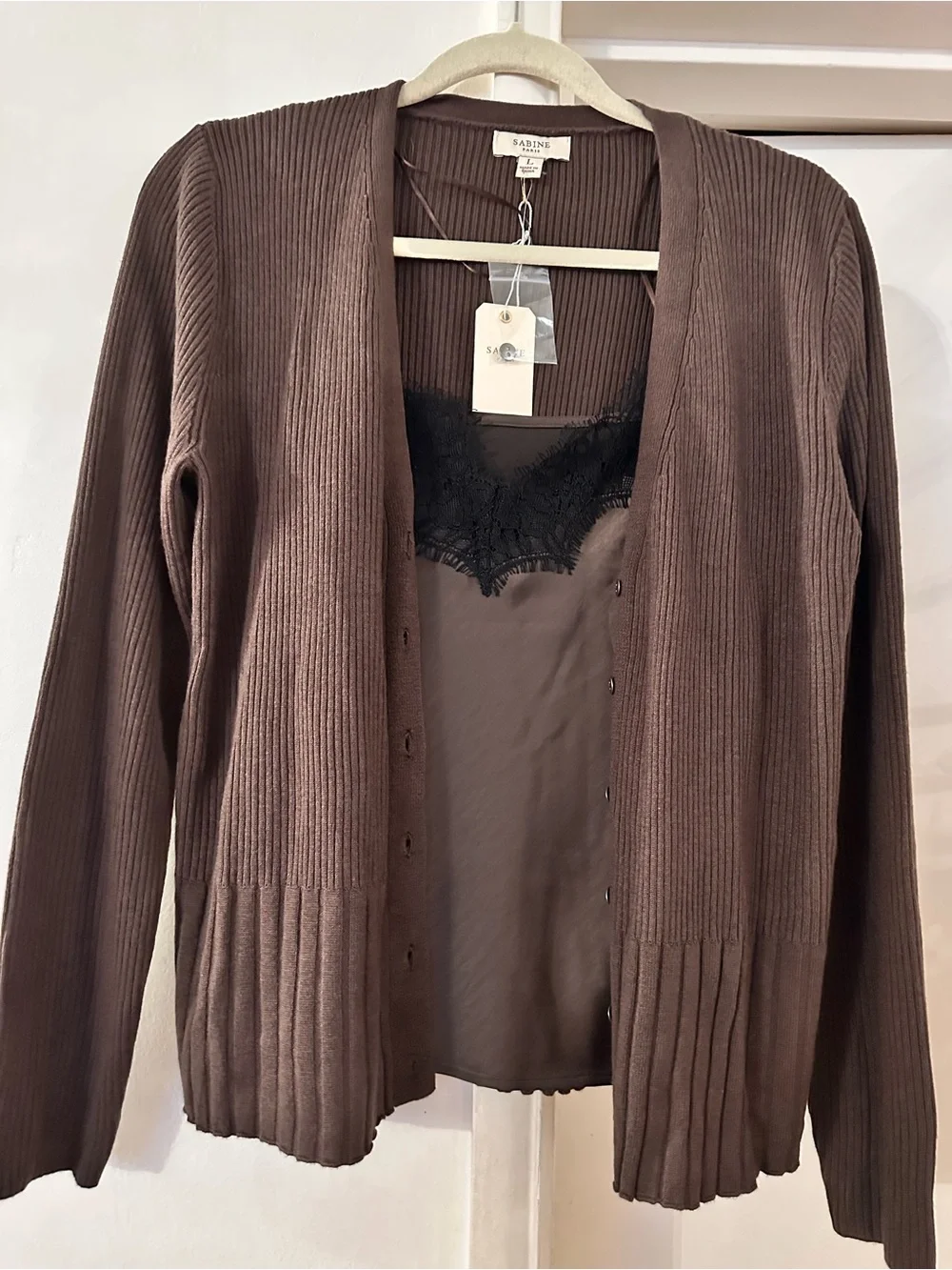 Sabine Brown Ribbed Cardigan with Black Lace-Trim Cami